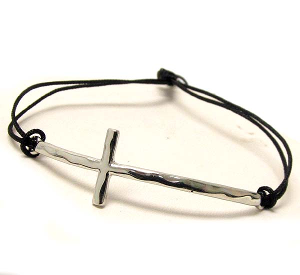 Hammered simple cross and cord friendship bracelet