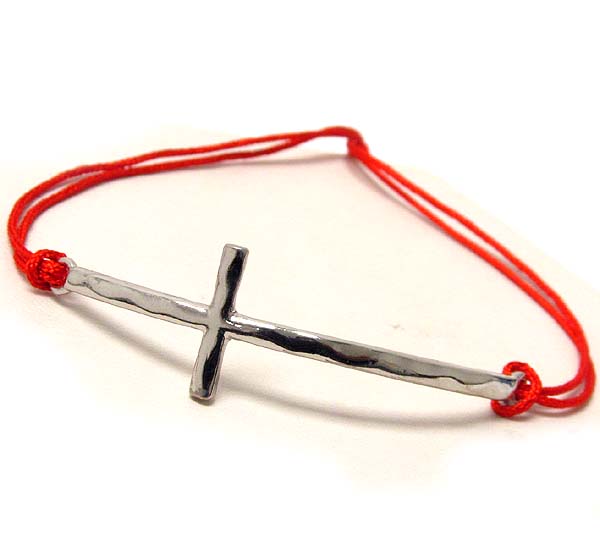 Hammered simple cross and cord friendship bracelet