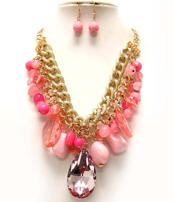 Crystal tear drop and mixed beads and acryl balls drop double chain necklace earring set