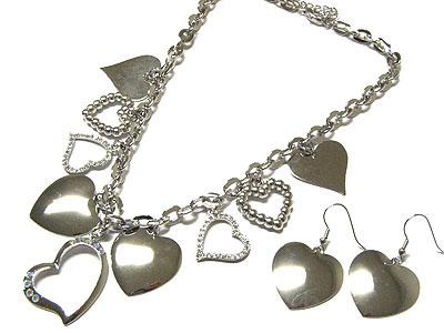 Multi crystal metal heart dangle necklace and earring set