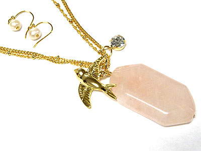 Rose quartz stone and mop and pearl necklace and earring set - bird