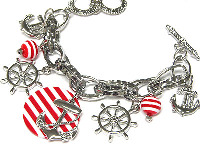 Navy and nautical theme charm dangle toggle bracelet