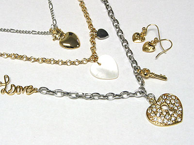 Triple strand two tone love theme heart necklace and earring set