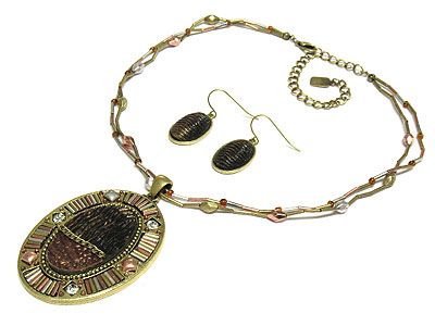 Antique style multi metal disk necklace and earring set