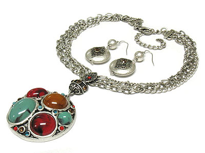 Glass beads and crystal antique metal necklace and earring set