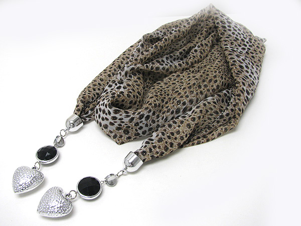 Leopard animal print and drop metal heart scarf