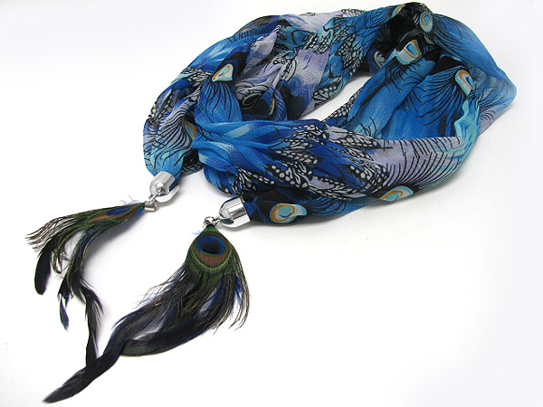 Multi  peacock feather  and drop natural peacock feather scarf