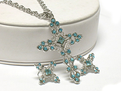 Crystal stud cross peandant and earring necklace set