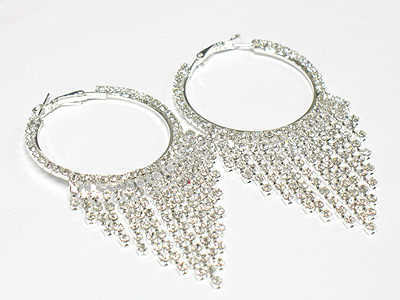 Rhinestone round hoop and tassel drop earring - hoops