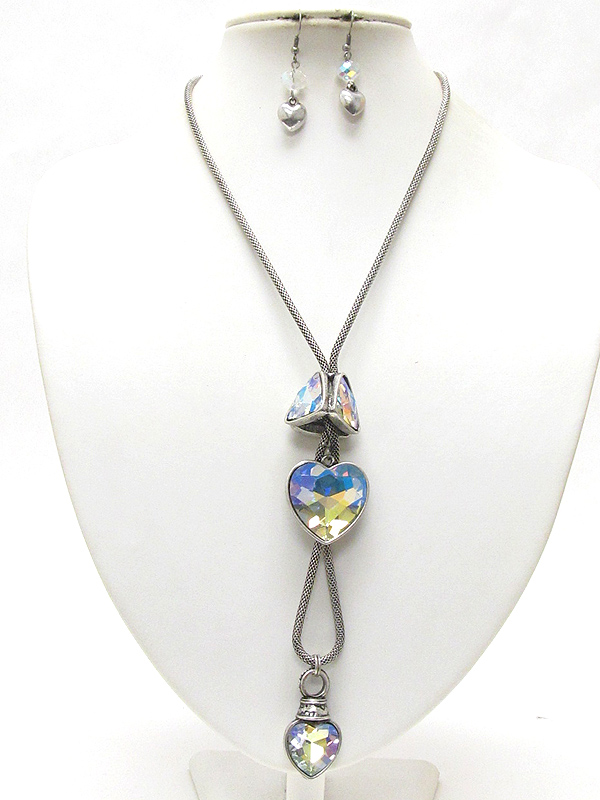 Multi facet glass heart charm long chain necklace