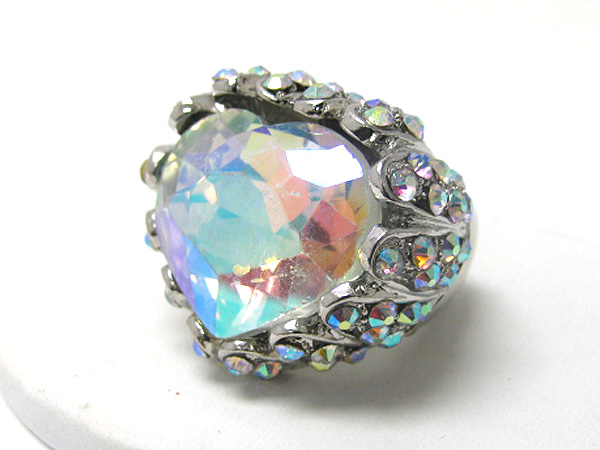 Facet glass heart and crystal deco stretch ring