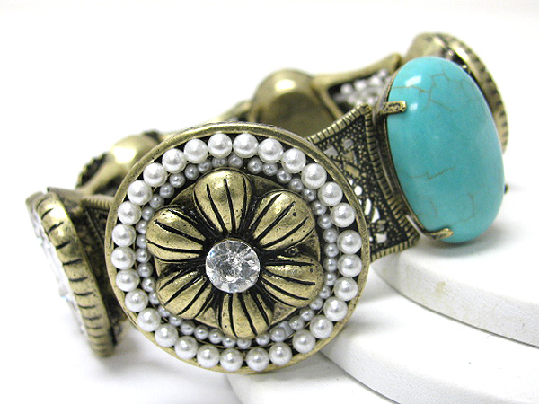 Turquoise and pearl deco burnish metal stretch bracelet