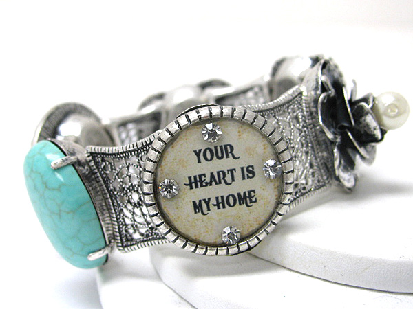 Turquoise and crystal stud picture disk deco burnish metal stretch bracelet