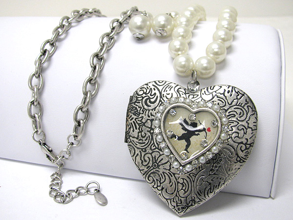 Filigree metal heart locket charm pearl beads link necklace earring set