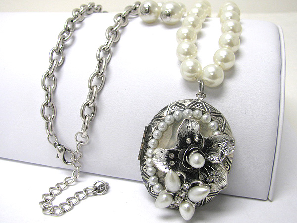 Filigree metal flower locket charm pearl beads link necklace earring set