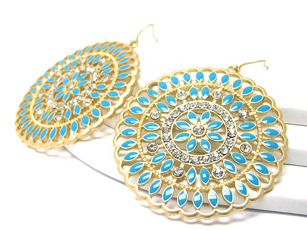 Crystal and enamel deco large round disk earring