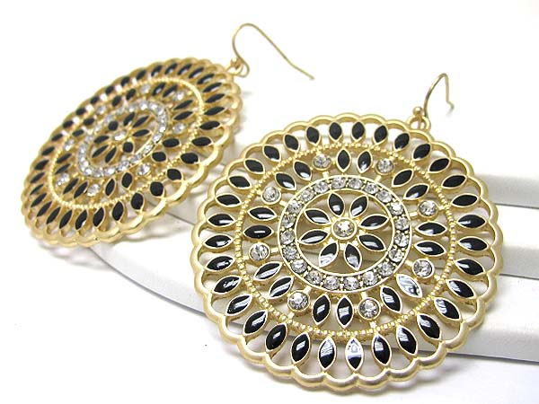 Crystal and enamel deco large round disk earring