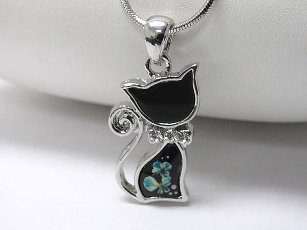 Made in korea whitegold plating crystal and glass art cat pendant necklace