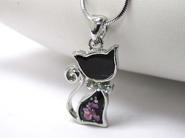 Made in korea whitegold plating crystal and glass art cat pendant necklace