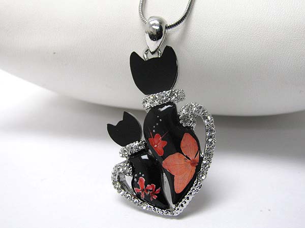 Made in korea whitegold plating crystal and glass art dual cat pendant necklace