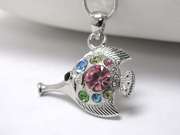 Made in korea whitegold plating crystal stud tropical fish pendant necklace