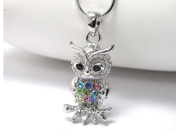 Made in korea whitegold plating crystal stud owl pendant necklace