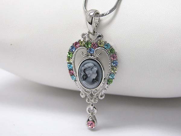 Made in korea whitegold plating crystal stud cameo pendant necklace