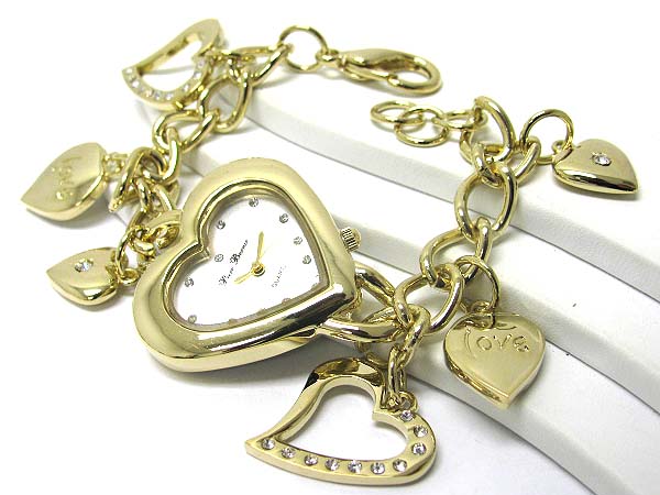 Crystal stud multi heart charm dangle chain watch