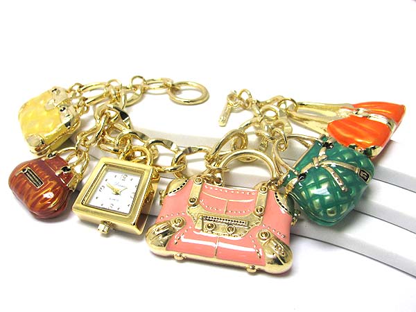 Metal epoxy multi handbag charm dangle chain watch