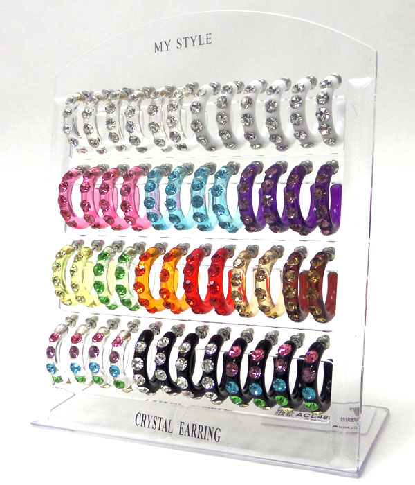 Crystal stud acrylic hoop earring set of 24 pairs with the display stand mens jewelry