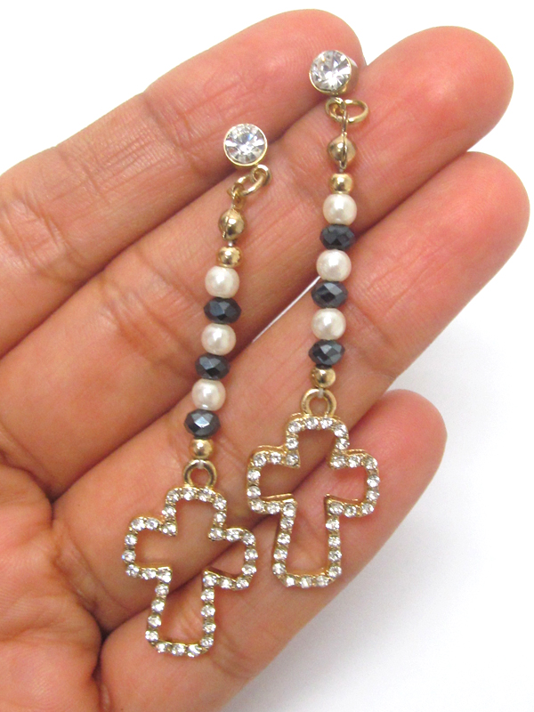 Crystal cut out cross and multi glass beads and pearl drop earring