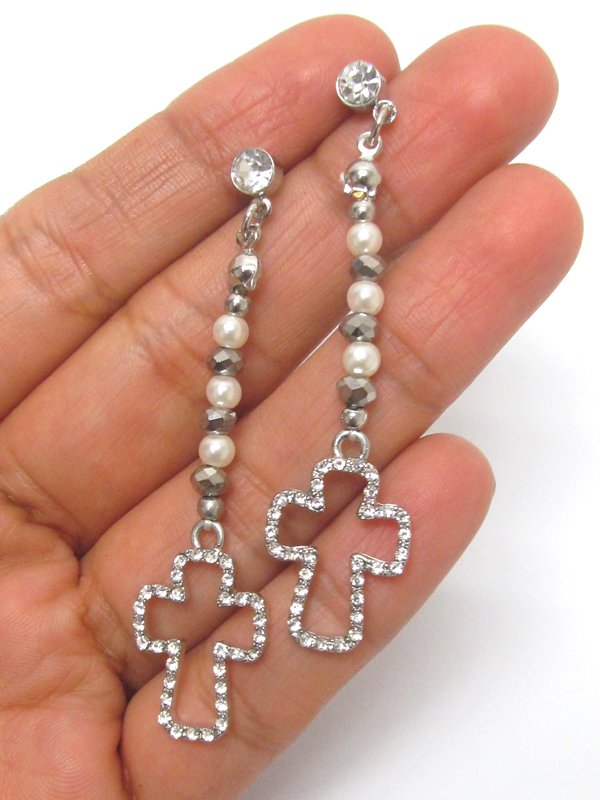 Crystal cut out cross and multi glass beads and pearl drop earring