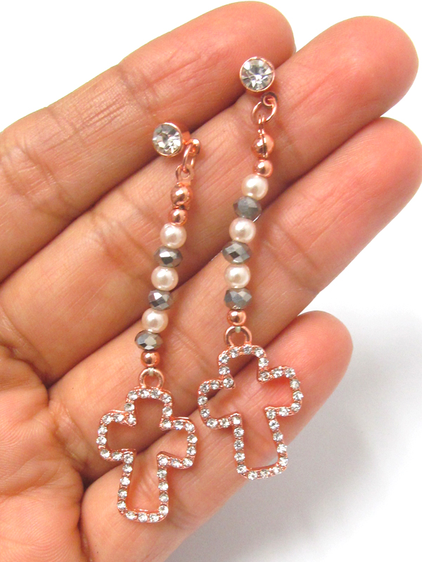 Crystal cut out cross and multi glass beads and pearl drop earring