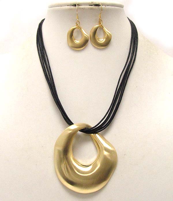 Liquid metal hoop pendant and cord necklace earring set - hoops