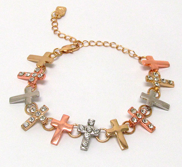 Multi crystal and metal cross pattern chain bracelet