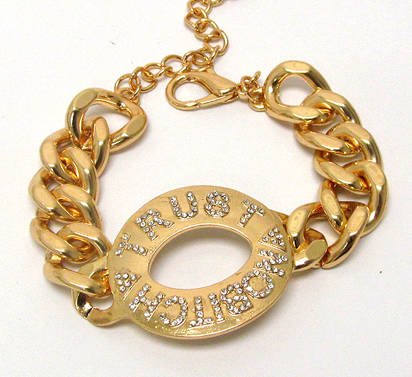 Crystal metal oval plate trust no bitch theme chain bracelet