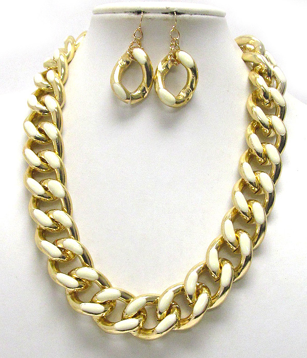 Light weight chunky metal and epoxy dot deco chain necklace earring set