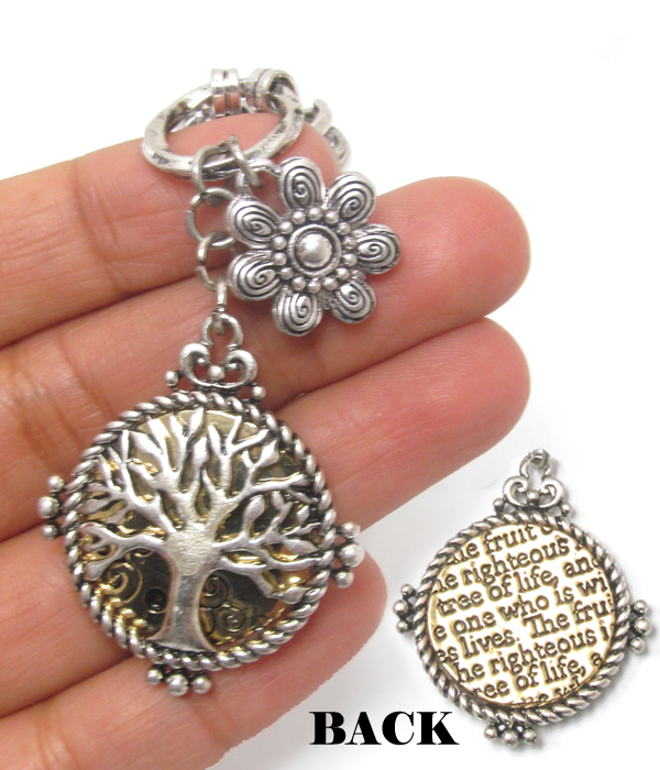 Metal textured tree of life charm necklace