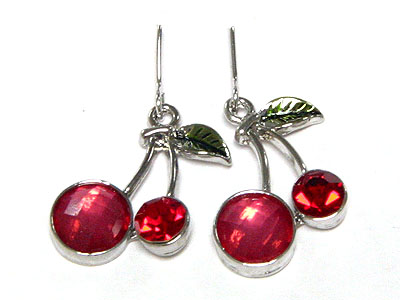 Made in korea whitegold plating crystal and enamel cherry earring