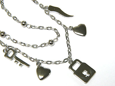 Metal multi charm bracelet - lock key and heart