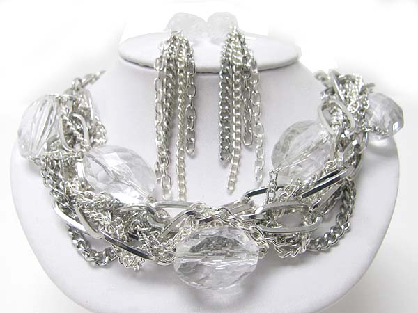 Rock crystal look ice beads and multi metal tangle chain necklace earring set