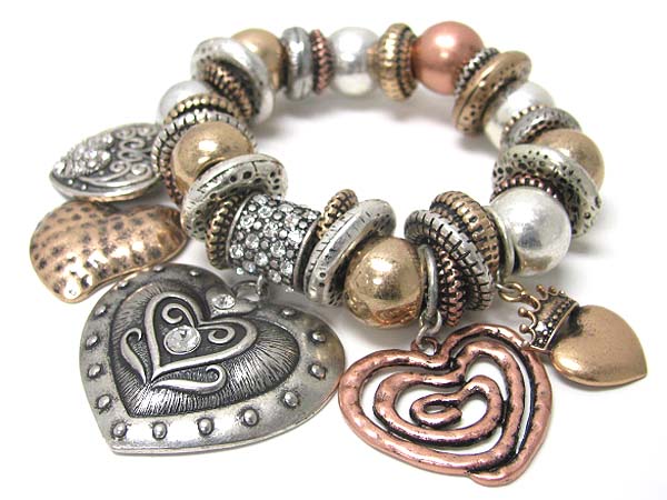 Antique look crystal stud multi burnish metal heart charm stretch bracelet