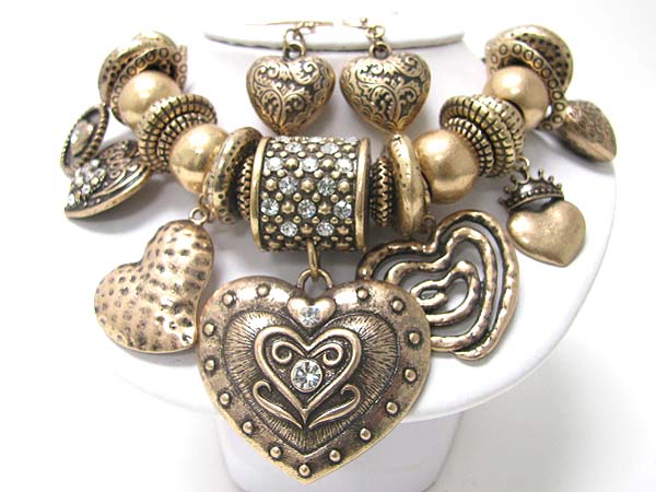 Antique look crystal stud multi burnish metal multi heart dangle cord necklace set