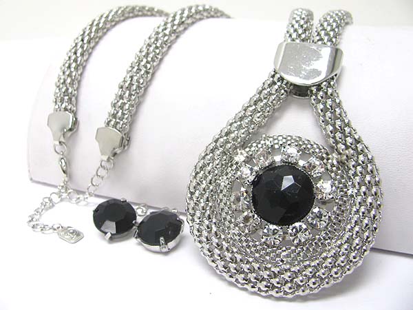 Crystal deco round pendant tube chain necklace earring set