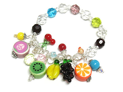 Multi fruits charm glass beads stretch bracelet