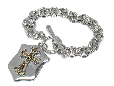 Crystal cross and shield dangle quality chain toggle bracelet