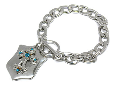 Crystal cross and shield dangle quality chain toggle bracelet