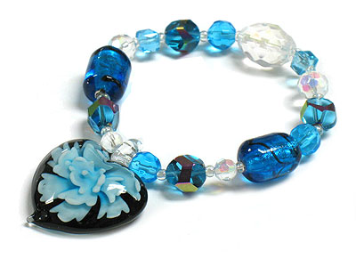 Flower glass heart charm beads stretch bracelet