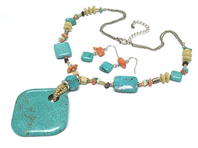 Genuine turquoise pendant and other natural stone lecklace and earring set