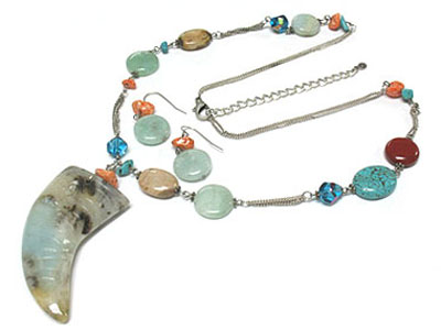 Horn shaped semi precious pendant and other stones necklace and earring set